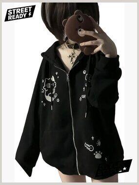 Y2K Cat Ear Zip Up Graphic Hoodie Kawaii Oversized Streetwear Jacket